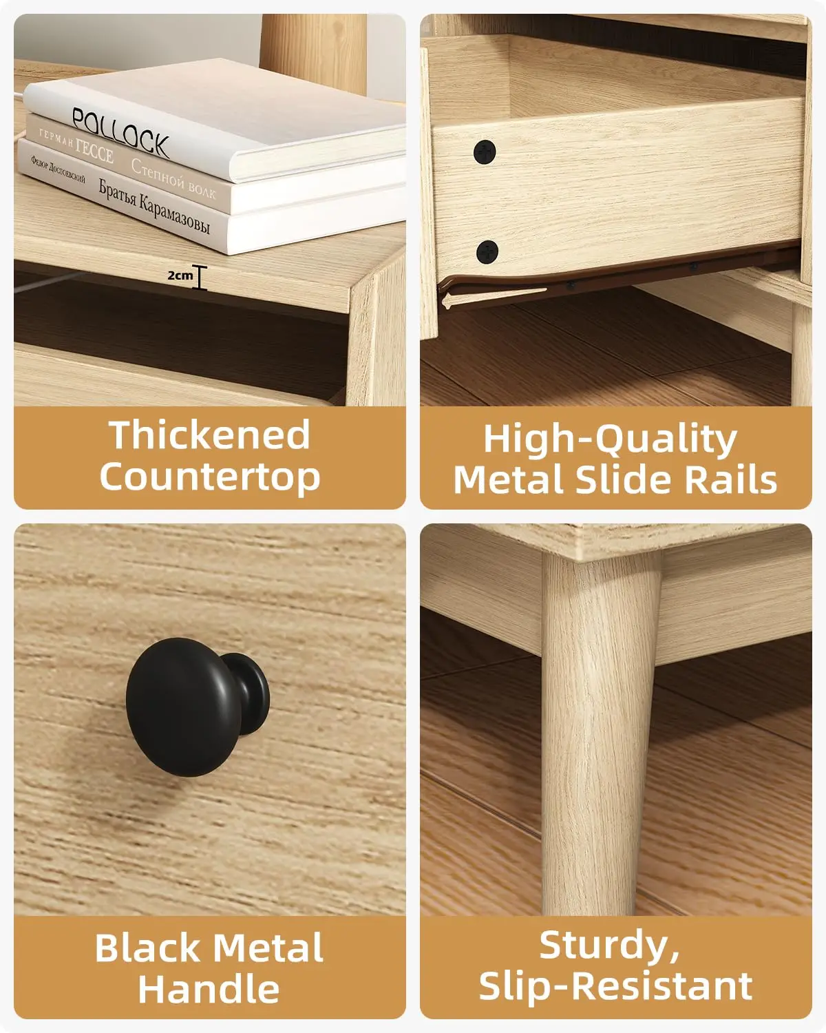 24" Wide Nightstand Set Of 2, Hidden Charging Station, 2 Drawers Night Stand With Pull-Out Shelf, Modern Beside End, Customized - view 6