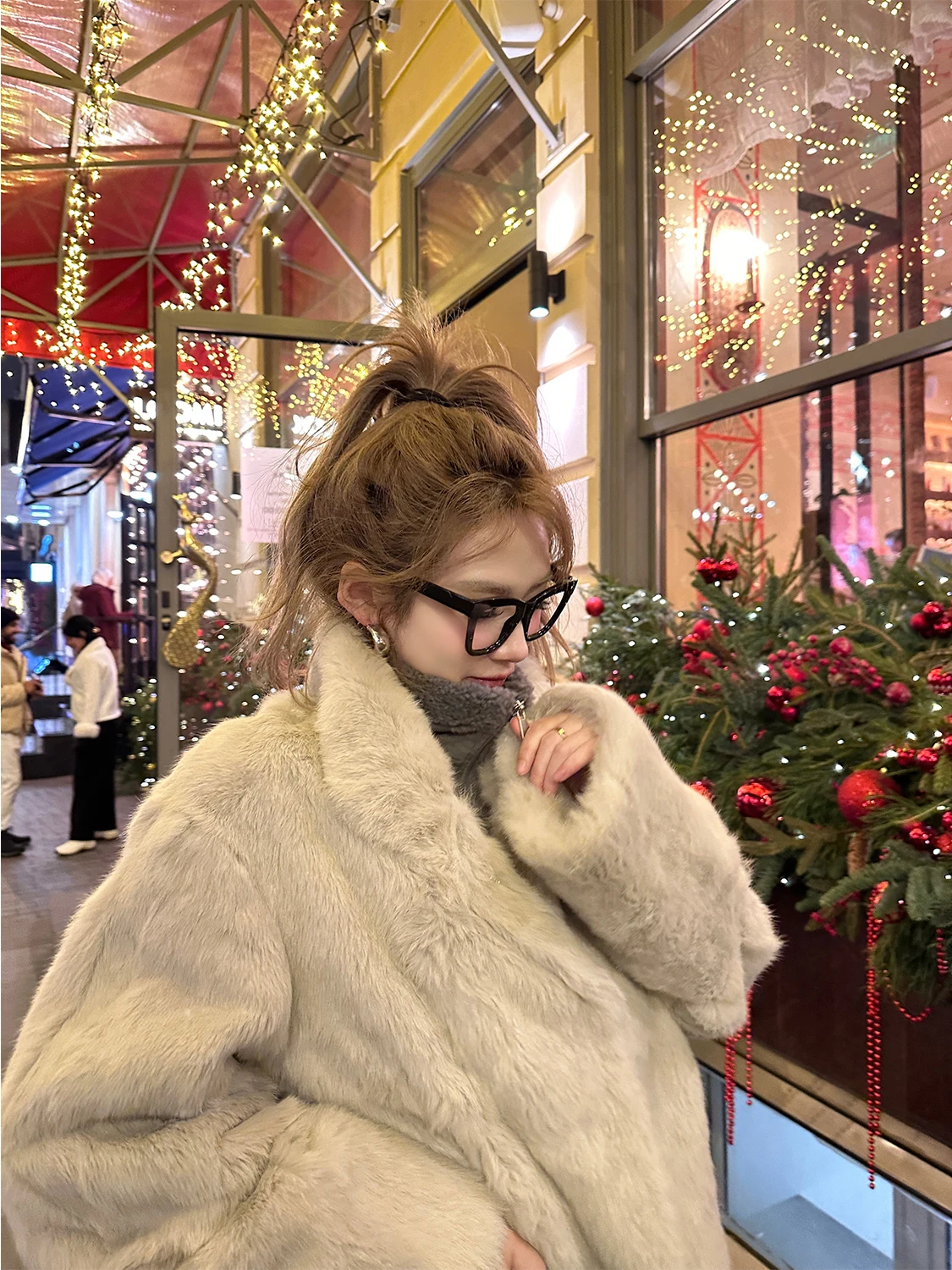 

Nordic Letter Velvet Angora Rabbit Fur Medium Length Real Leather Coat Warmth Pure Color Casual Sle Double-Sided Wear