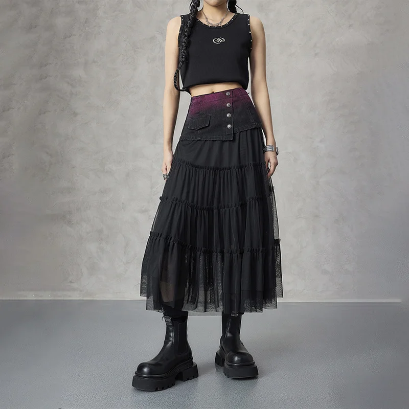 

Punk Dark Style Mesh Skirts Cake Autumn Women Stitching New Hot Girls High Waist Street Hipsters Clothing Wrinkle Button
