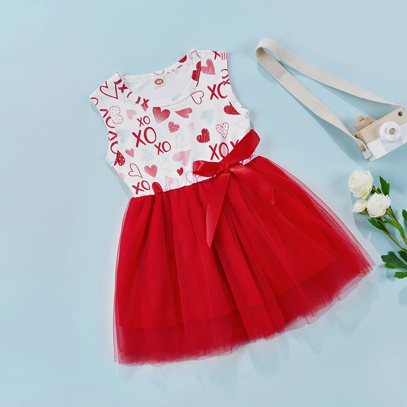 New Summer Girls Valentines Day Dress Sleeveless Round Neck Heart Print Tulle Patchwork Dress 2-7 Years Skin-Friendly Fashion