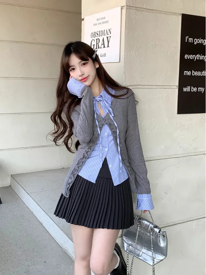 

plus Size Women's College Sle Spliced Long Sve Top And High Waist Pleated Skirt Set Spring New Faion Slim Fit Kor...