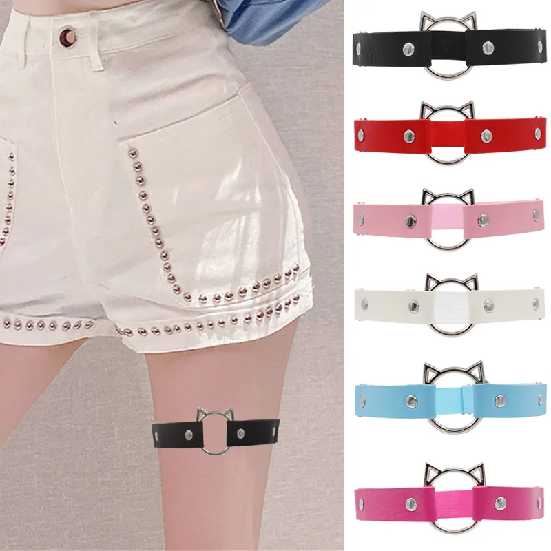 Sexy Women Elastic Pu Leather Thigh Leg Ring Strap Leglet With Metal Heart Garter Belt Cat Punk Garter Jewelry Loop Goth Harness