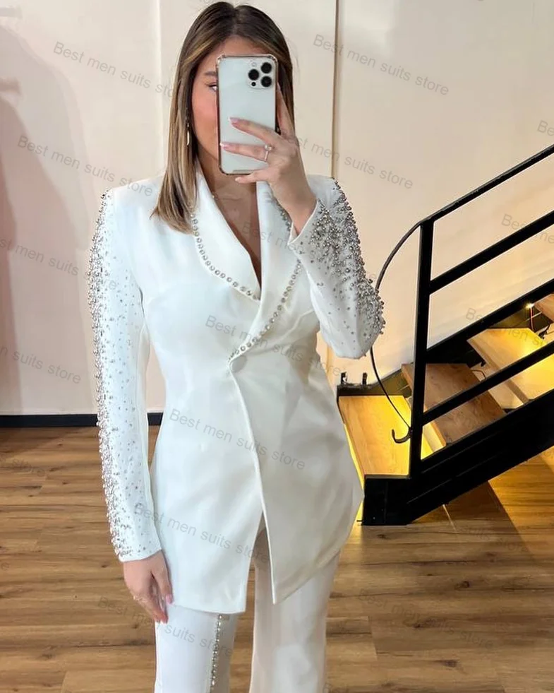 Kristal Wit Damespak Set Blazer + Broek 2 Stuk Zomer Bruiloft Smoking Feestjack Op Maat Gemaakte Formele Office Lady Prom Dress