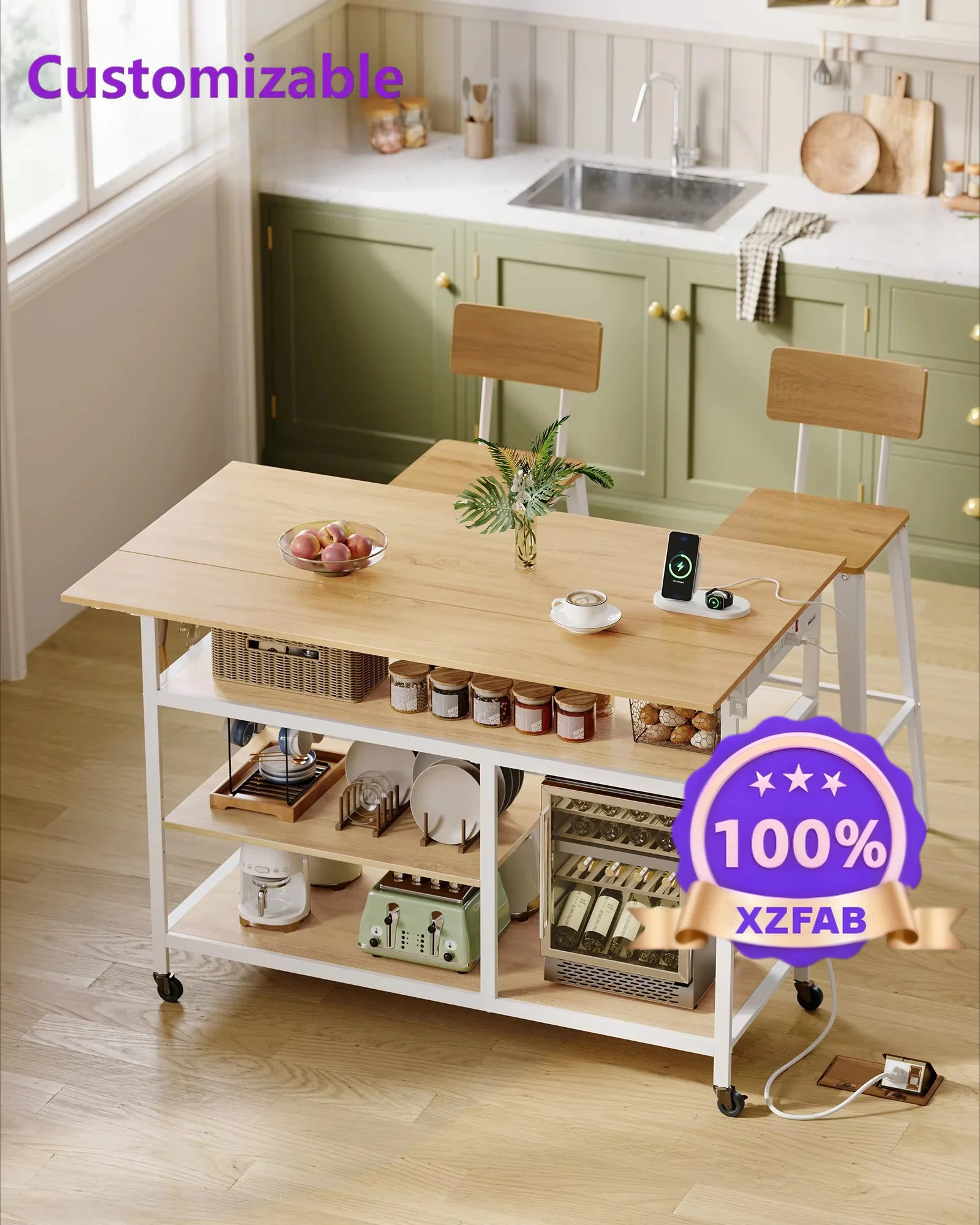 Factory Direct 2026 Easy-to-assemble charging holder with power outlet Kitchen shelf with large island
