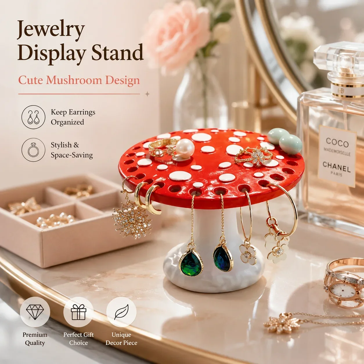 Mushroom Girl Jewelry Display Rack, Earring Holder for Desk, Home Garden Makeup Organizer Ornament