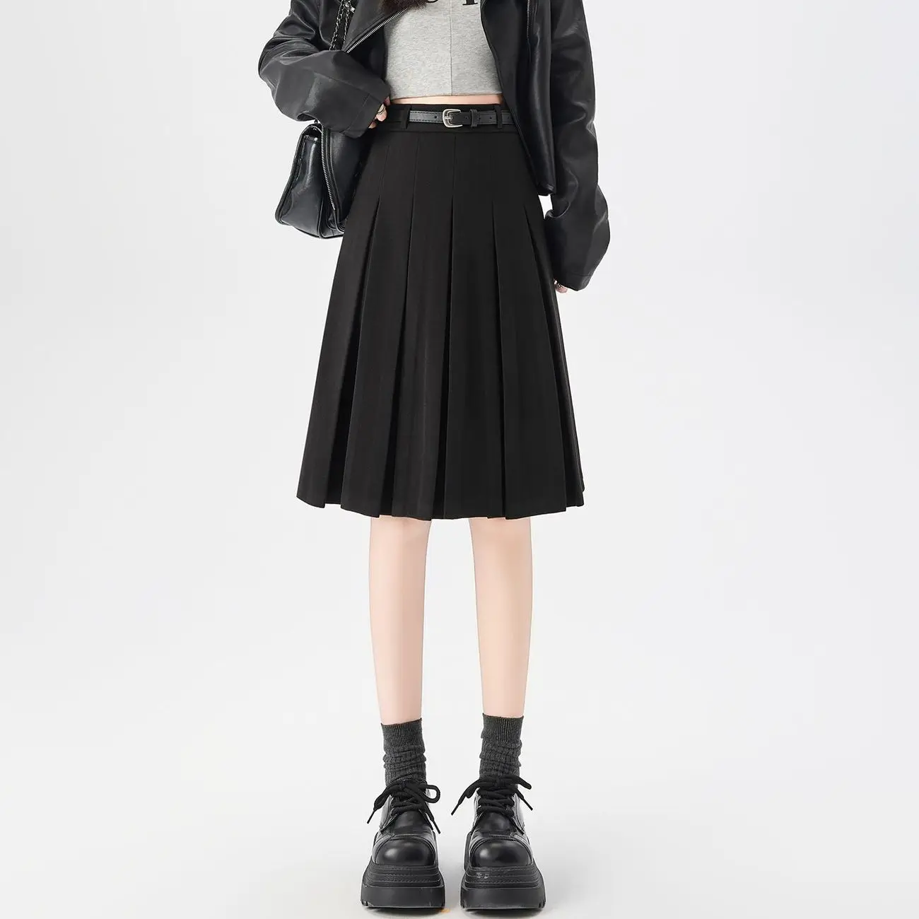 College Style Pleated Skirt for Women Autumn Winter New High Waisted A-line Mid Length Skirt Woolen Knees Skirt