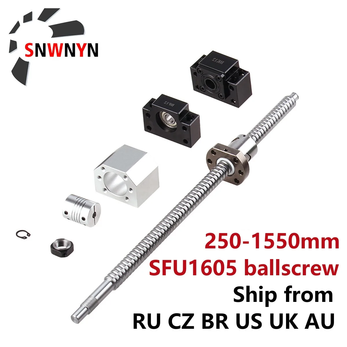 

SFU1605 Set: RM1605 Ball Screw C7 End Machined + 1605 Ball Nut + Nut Housing + BK/BF12 End Support + Coupler For CNC Parts