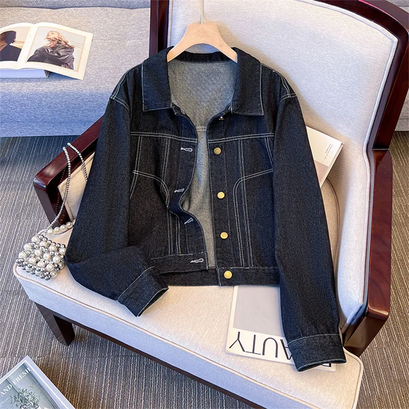 

Spring Autumn New Women Vintage Washed Blue Jeans Jacket Coat Loose Casual Lapel Single-Breasted Long Sleeve Short Denim Jackets