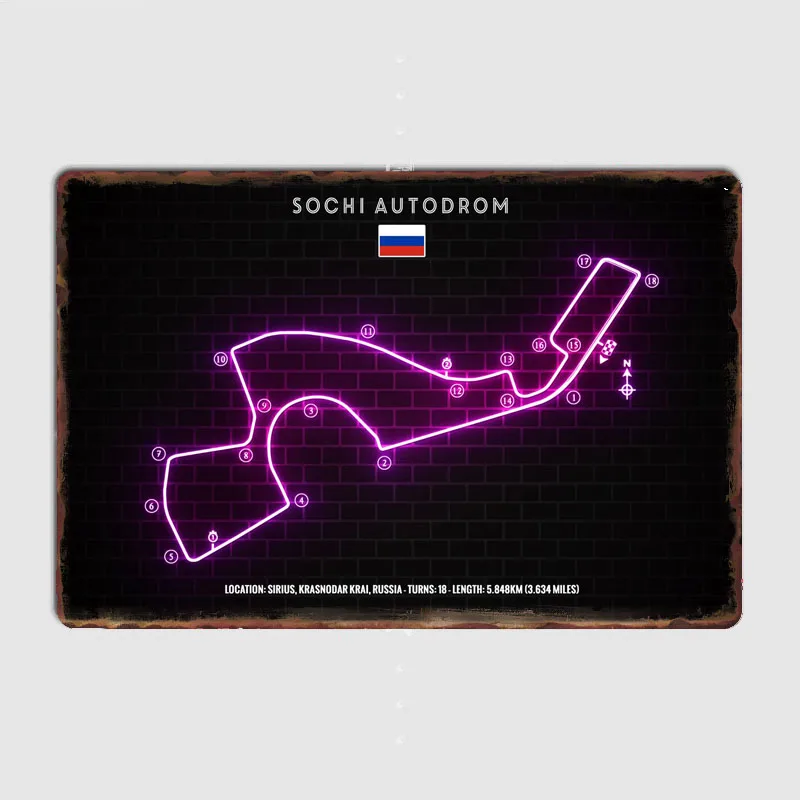 Sochi Autodrom F1 Racing Track Neon Sign Retro Poster Metal Sign Garage Club Room Wall Decor Custom Tin Home Decor