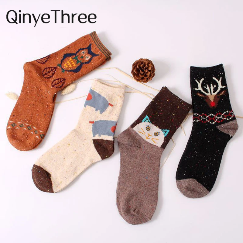 3 Pairs / Lot Vintage Thick Rabbit Wool Women Ladies Socks Retro Winter Harajuku Animal Owl Deer Cat Elephant Lovely Cute