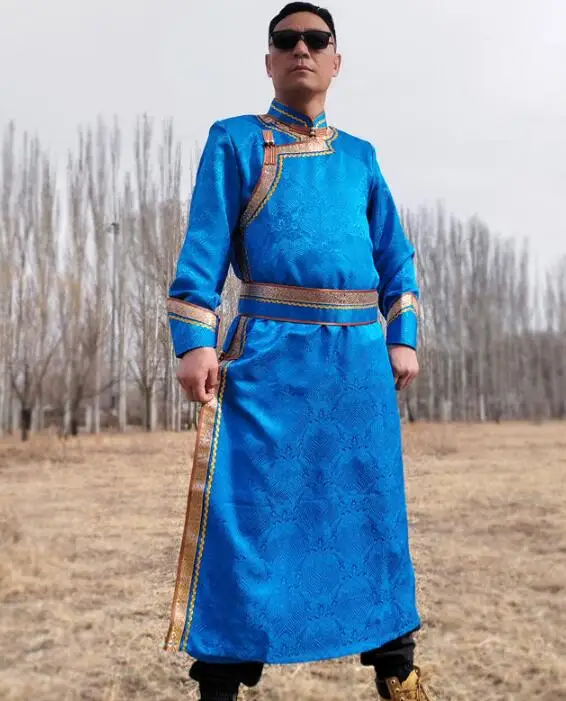 Chinese Mongolian Men Robe Long Spring Stage Cloth Folk