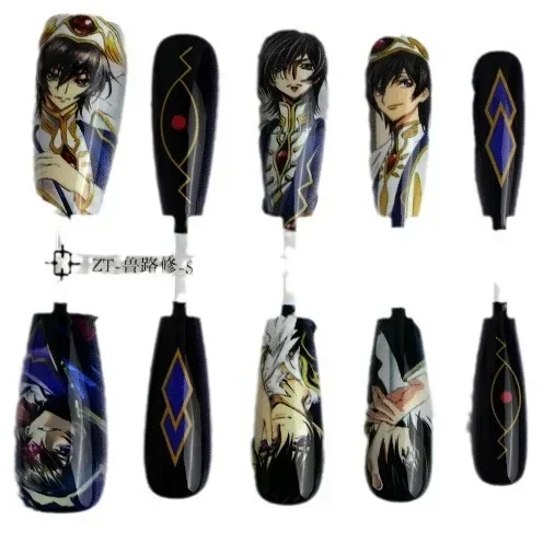 Lelouch Lamperouge Retro Anime Cute Fake Nails Mid Length Printed Ballerina Nail Tips Cartoon Otaku Cosplay Manicure Decoration