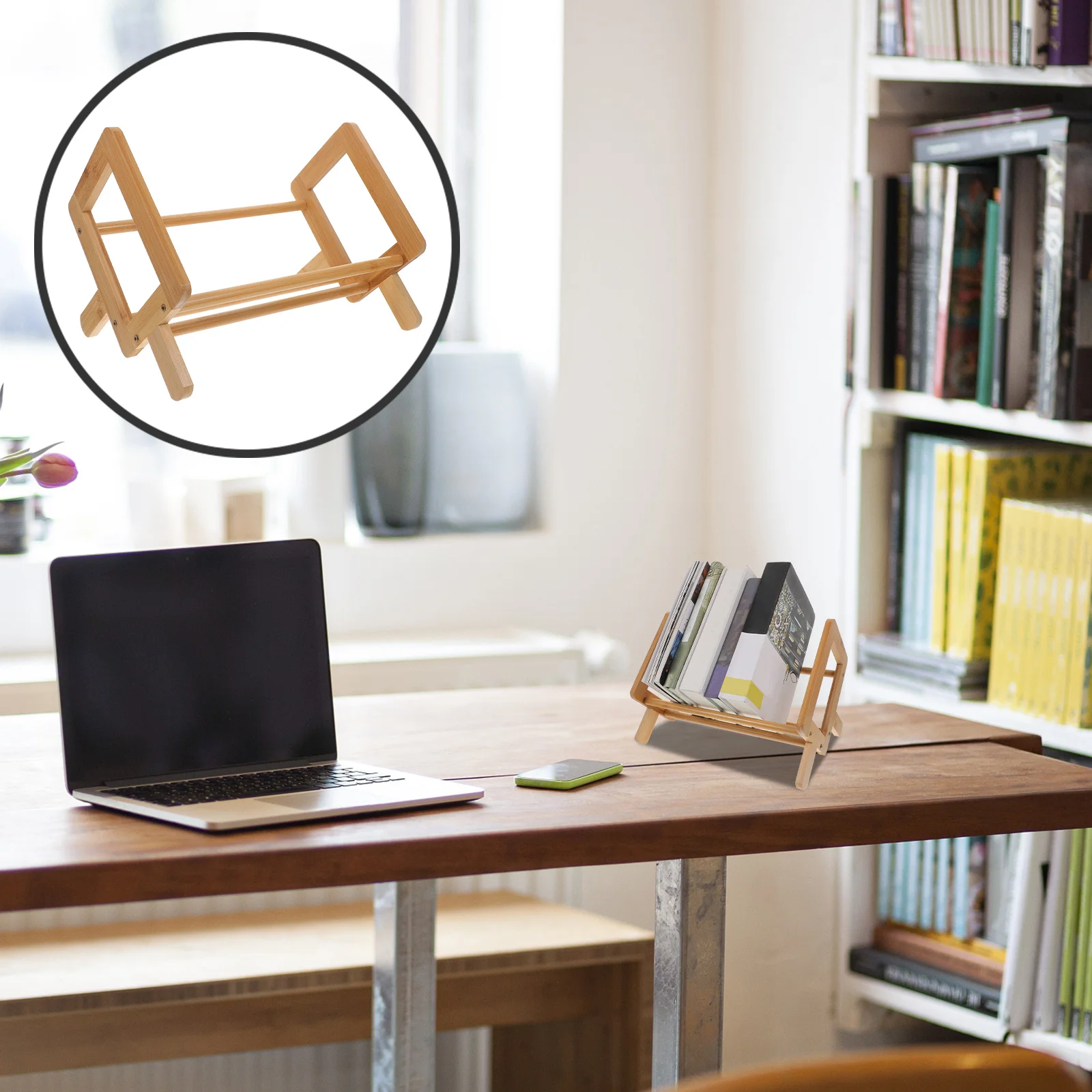 Book Organizer for Desk Bamboo Wood Desktop Bookshelf Rack Holder and Storage