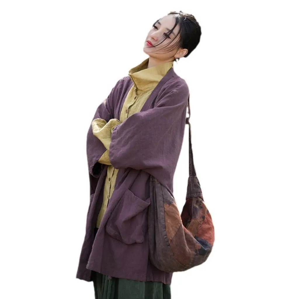 

Women's Loose Mid-Length Cardigan Ramie Cotton Blend Stir-Fried Color Original Robe Coat Spring Summer Lazy Wandering Style Top