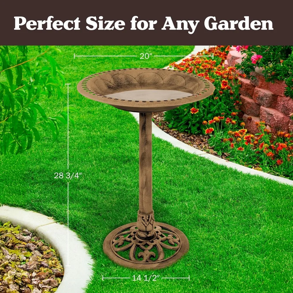 アンティークブロンズの鳥の水飲み場、ヴィンテージスクロールデザイン、耐候性樹脂製、庭の屋外装飾用の地面用杭3本付き