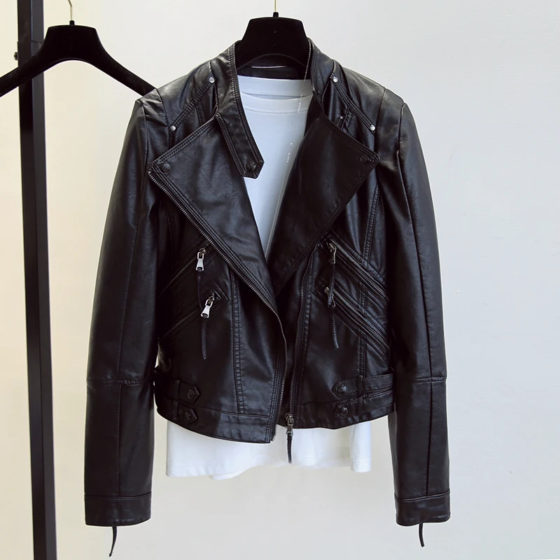 Chaqueta de cuero de piel de oveja negra para mujer, abrigos de motocicleta de manga larga ajustados con cremallera, cuello alto, moda femenina, primavera y otoño