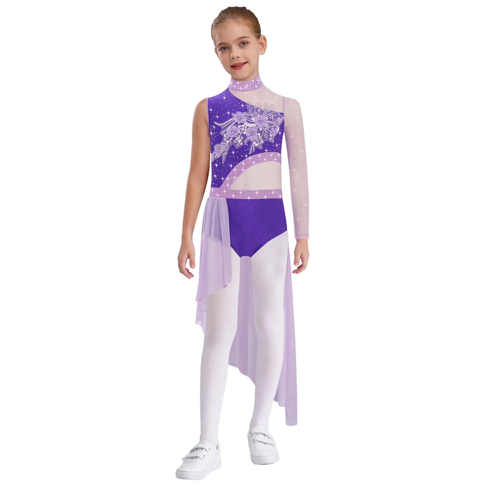 

Kids Girls Lyrical Dance Dress Stage Performance Costume Rhinestone Flower Decor Skirted Leotard Modern Contemporary Dancewear