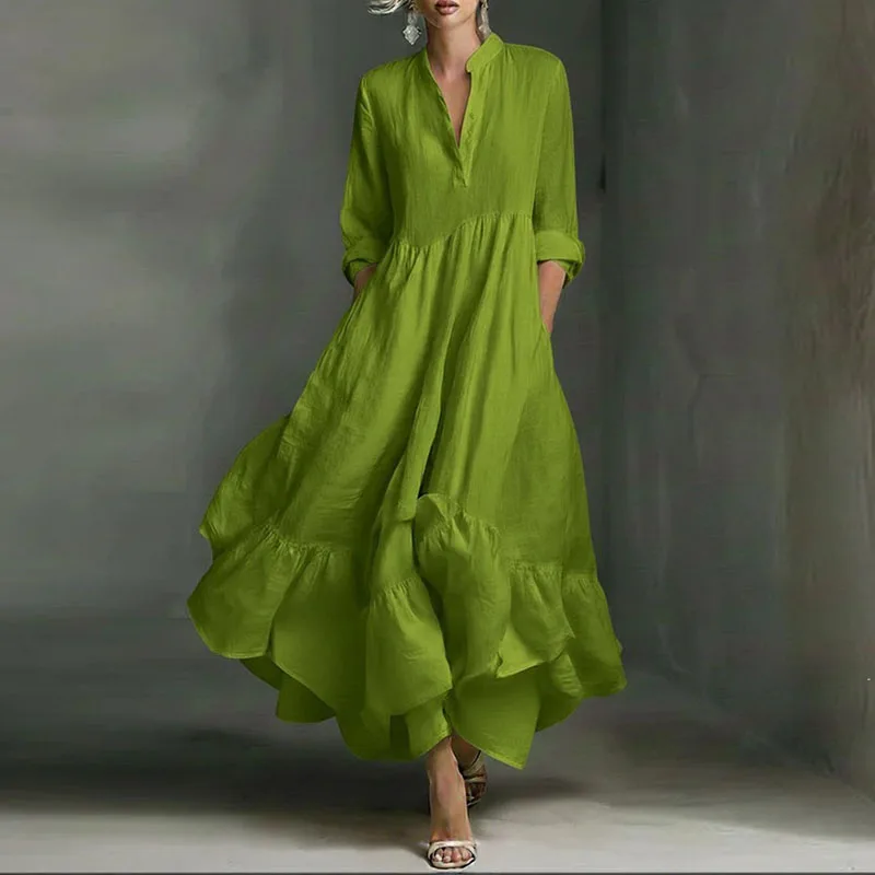 casual flowy maxi dress with sleeves White Dresses Woman Elegant V Neck Ruffle Hem 2026 New Spring Solid 3/4 Sleeve A-Line Long Dress Vestido cheap quince dresses