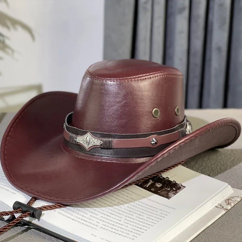 Western Cowboy Hat Ox Head Belt Rivet Fedora Hat for Men Women Outdoor Travel Wide Brim Sun Hat Faux Leather Panama Cowgirl Hat