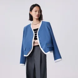 Toyouth Women Blazer 2023 Autumn Long Sleeve V Neck Loose Coat Design Color Contrast Fashion Elegant Blue Outwear Tops