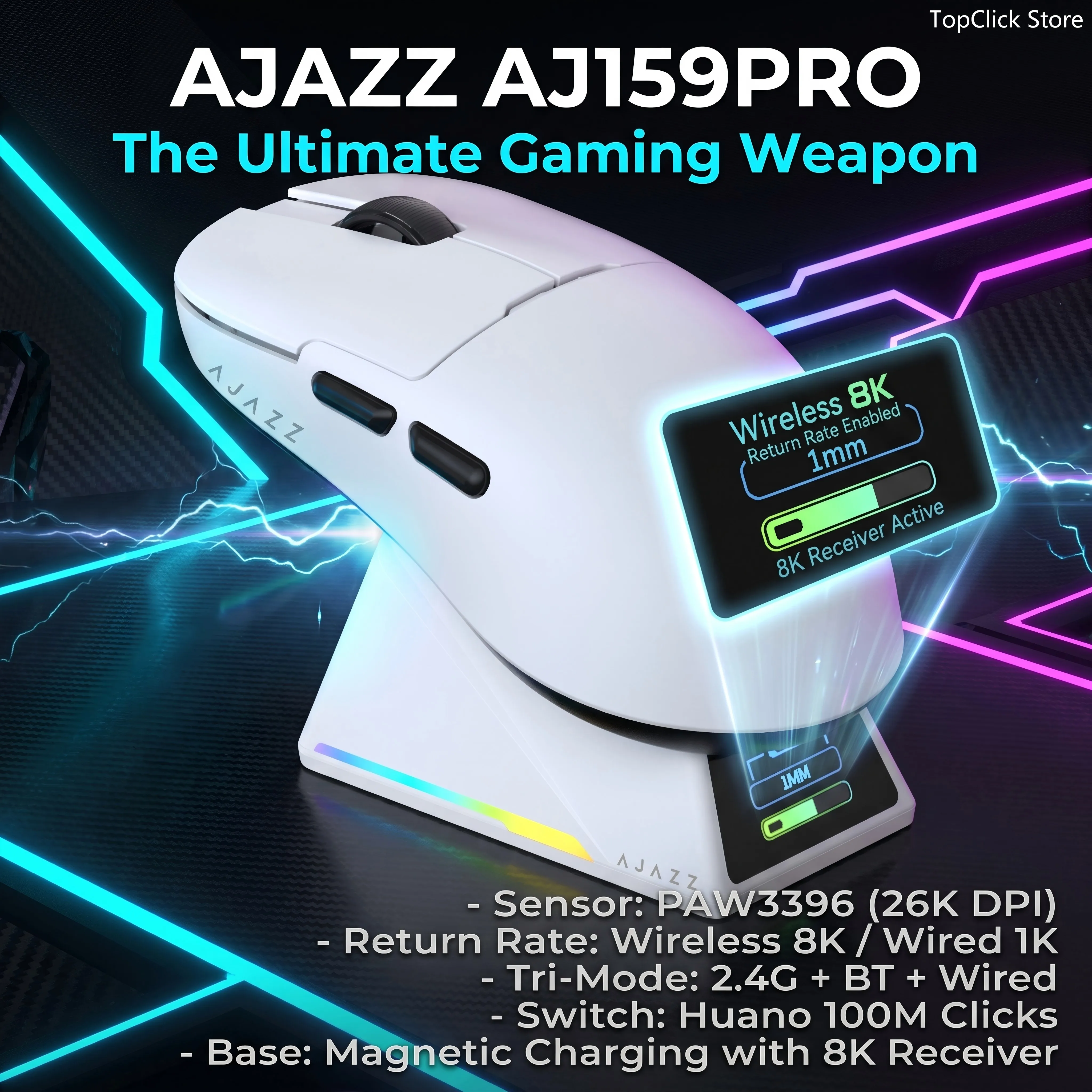 AJAZZ  AJ159PRO Wireless Gaming Mouse, RGB Backlit, Lightweight PC Laptop Gamer Mouse with Magnetic Charging Base