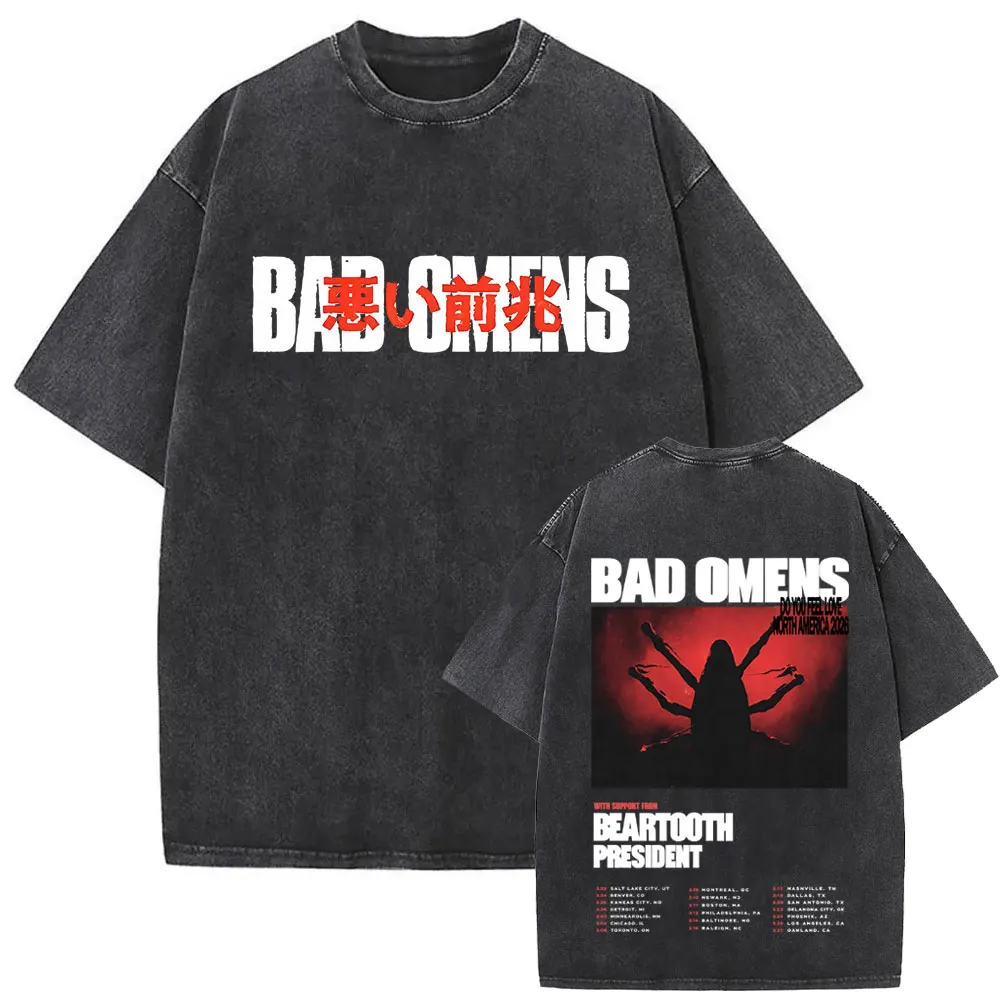 

Washed Vintage Rock Band Bad Omens Graphic T-shirt Do You Feel Love Tour 2026 T Shirt Men Women Casual Oversized Cotton T-shirts