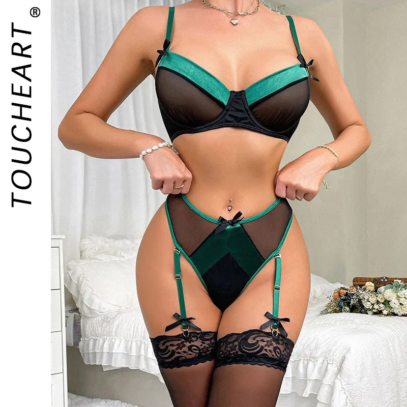 

Toucheart Mesh Sexy Lingerie Panty Silk Stockings Bow Knot Lace Up Patchwork Contrast Color Women Interesting Erotic Hollow Set