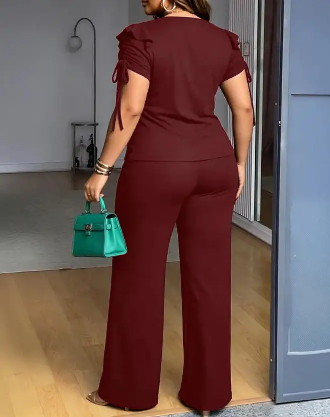 

Women's 2 Pieces Outfit Ruffles Decor Drawstring Short Sleeve Top and Casual Elastic Waist Seam Front Wide Leg Pants Set