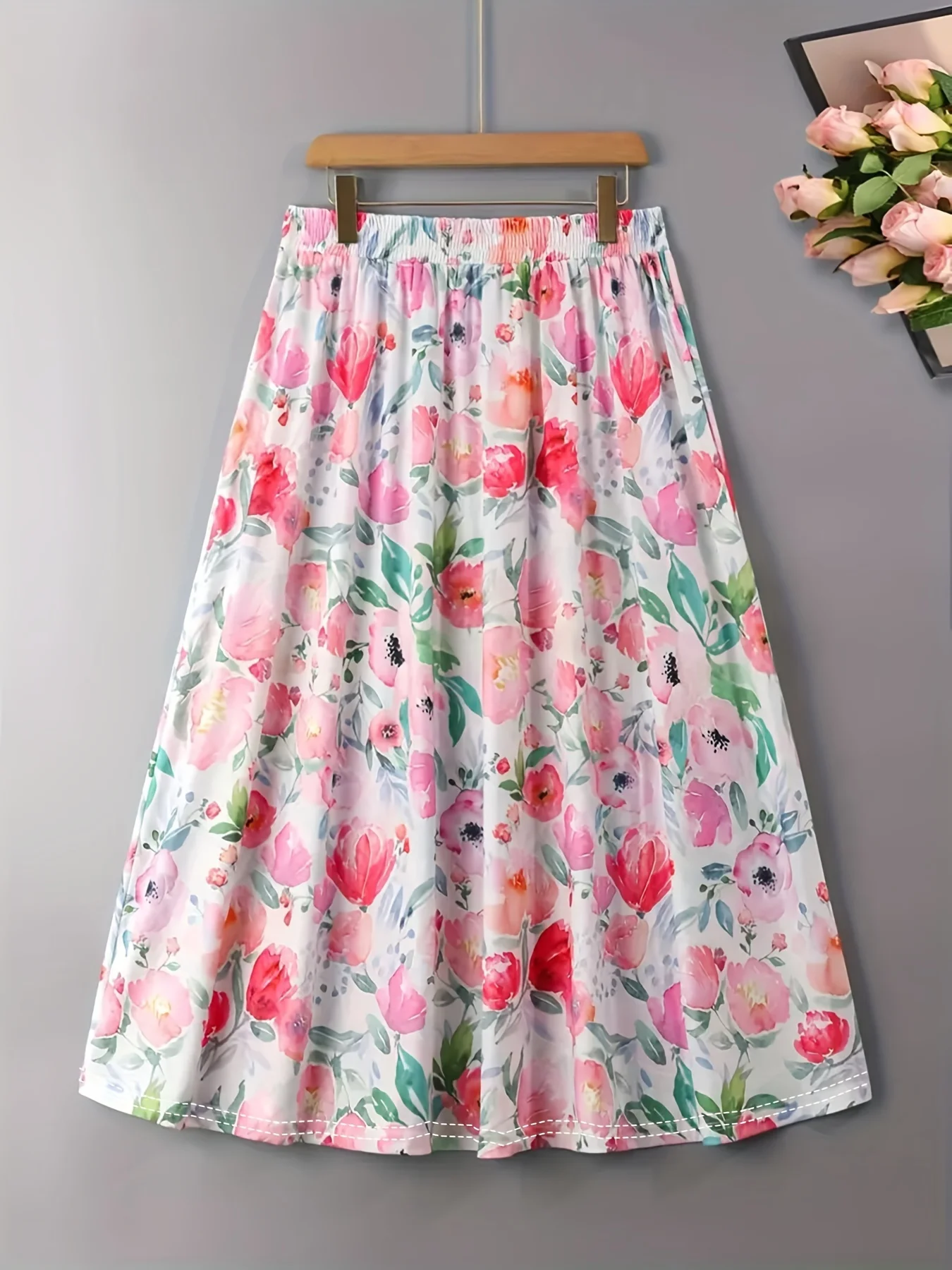 Luxy Trio Women'S Plus Size Floral Print Skirt - Elegant A-Line,  All-Over Print Design, Perfect for Casual & Formal Wear