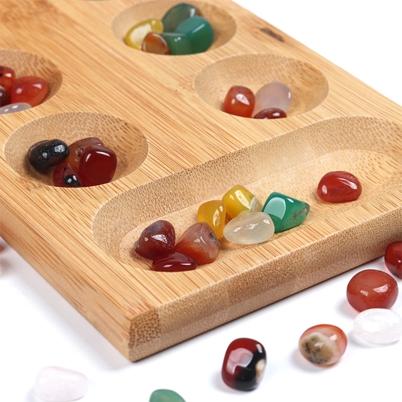 Gioco da tavolo Mancala con pietre colorate Ciottoli Set scacchi pieghevoli in legno