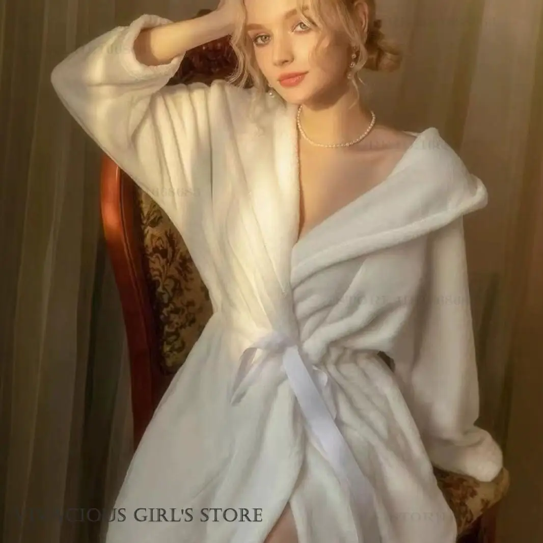 

Autumn Winter Thicken Flannel Robe Hooded Kimono Bathrobe Gown French Style Women Sleepwear Nightgown Coral Fleece Loungewear