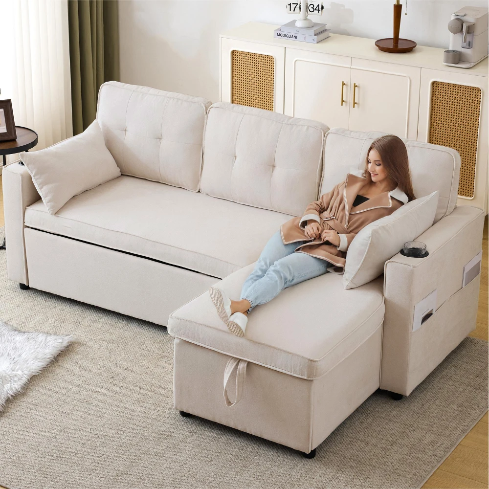 L-förmiges Schlafsofa mit Schlaffunktion, gepolsterter Möbel-Loungesessel mit Stauraum links und rechts austauschbar