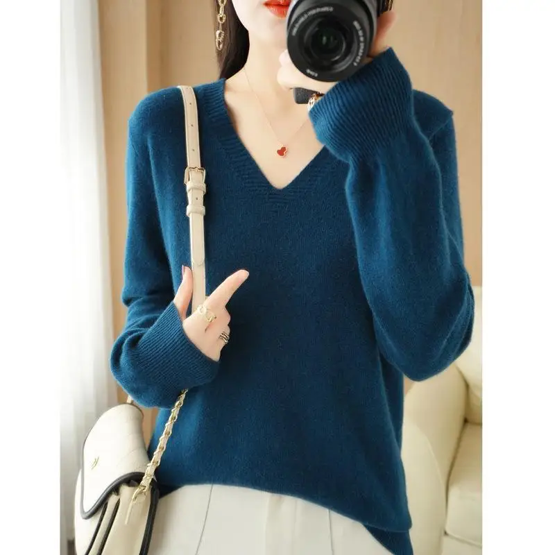 Women Sweater 2023 Autumn Winter Casual Slim Warm V-neck Pullovers Basic Korean Fashion Knitted Tops Spring Long Sleeve Jumpers