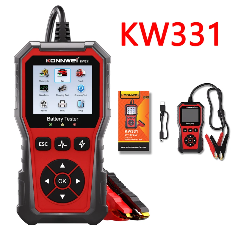 

Тестер автомобильных аккумуляторов KONNWEI KW331 6В-12В-24В, 100-2000 CCA, анализатор зарядки и пускового тока, инструмент для диагностики аккумуляторов, сброс кодов неисправностей