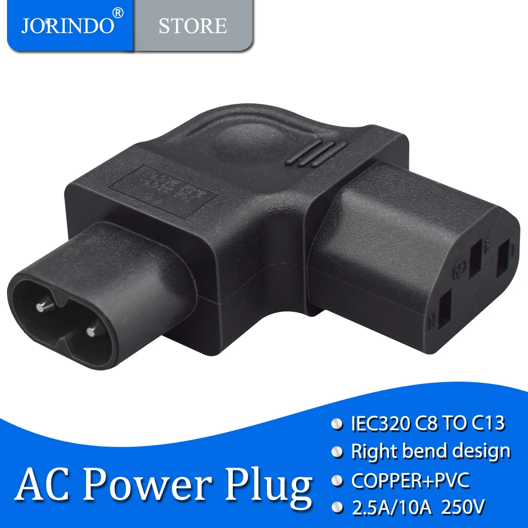 JORINDO IEC320 C8 TO C13 rightward bend design AC power plug,Figure 8-shape male to C13 female side bend conversion plug adapter