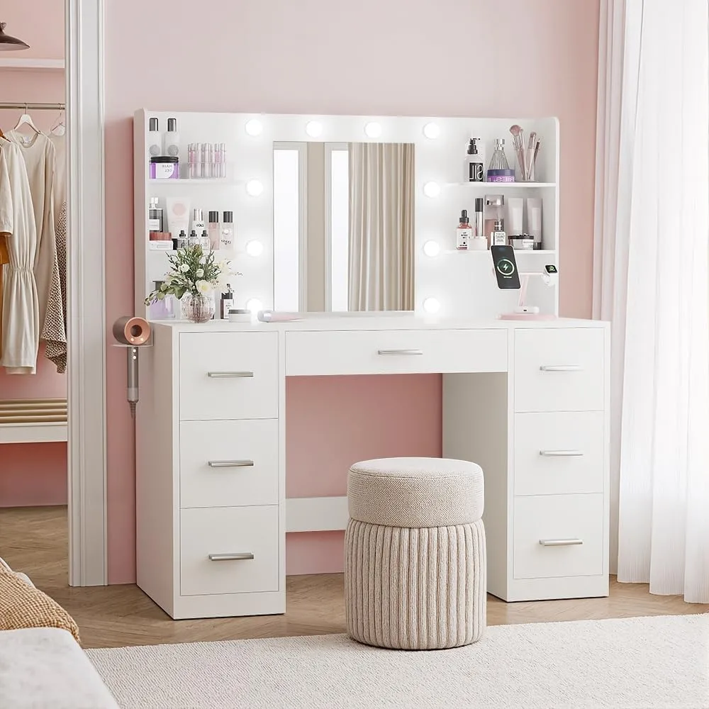 

Vanity Desk with Mirror, Power Outlet and 10 Lights, Makeup Table with 7 Drawers, 3 Color Modes Available for Bedroom