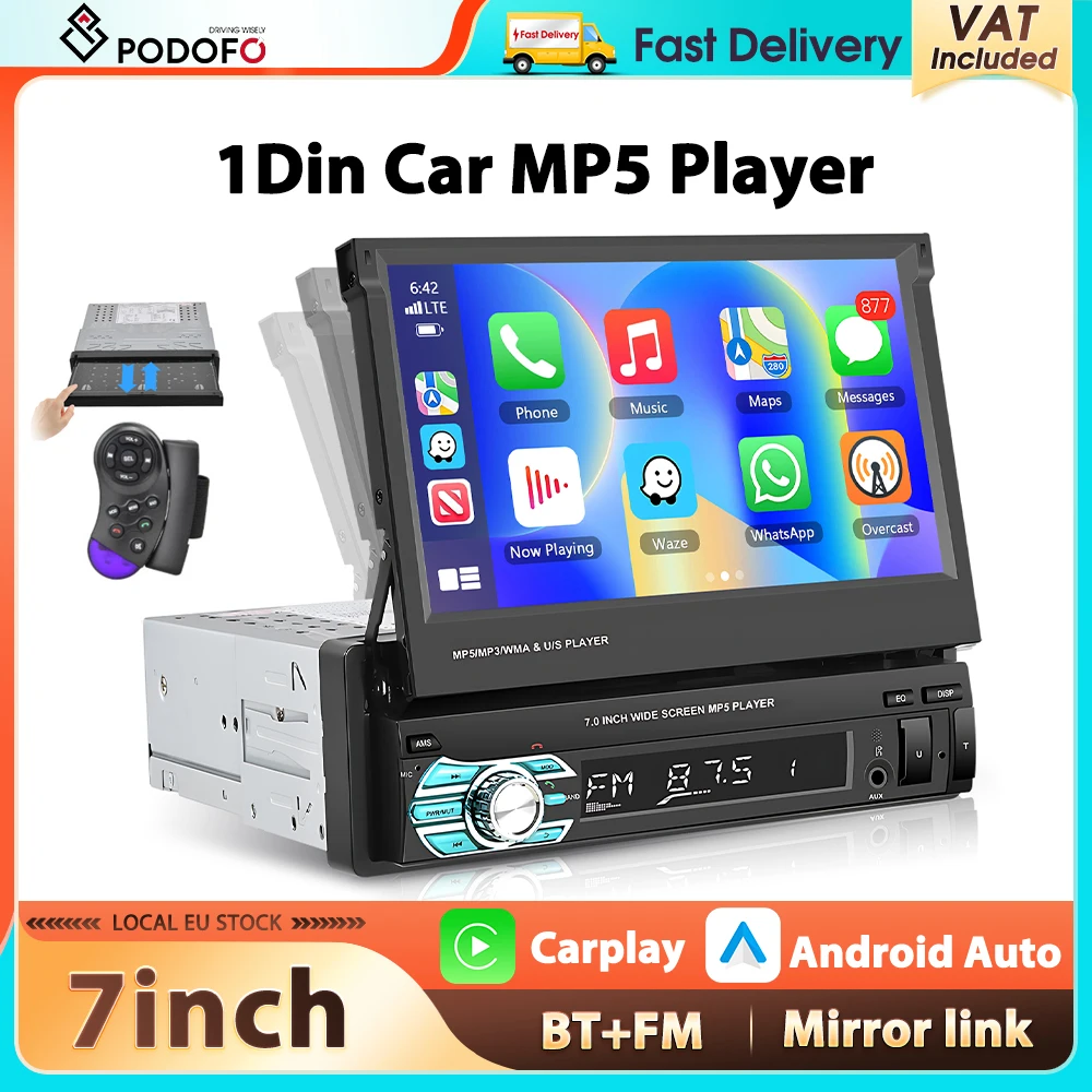 Podofo 7'' Einziehbarer Bildschirm Autoradio Carplay Android Auto MP5 Multimedia-Player Bluetooth FM Mirror Link SWC 1Din Autoradio