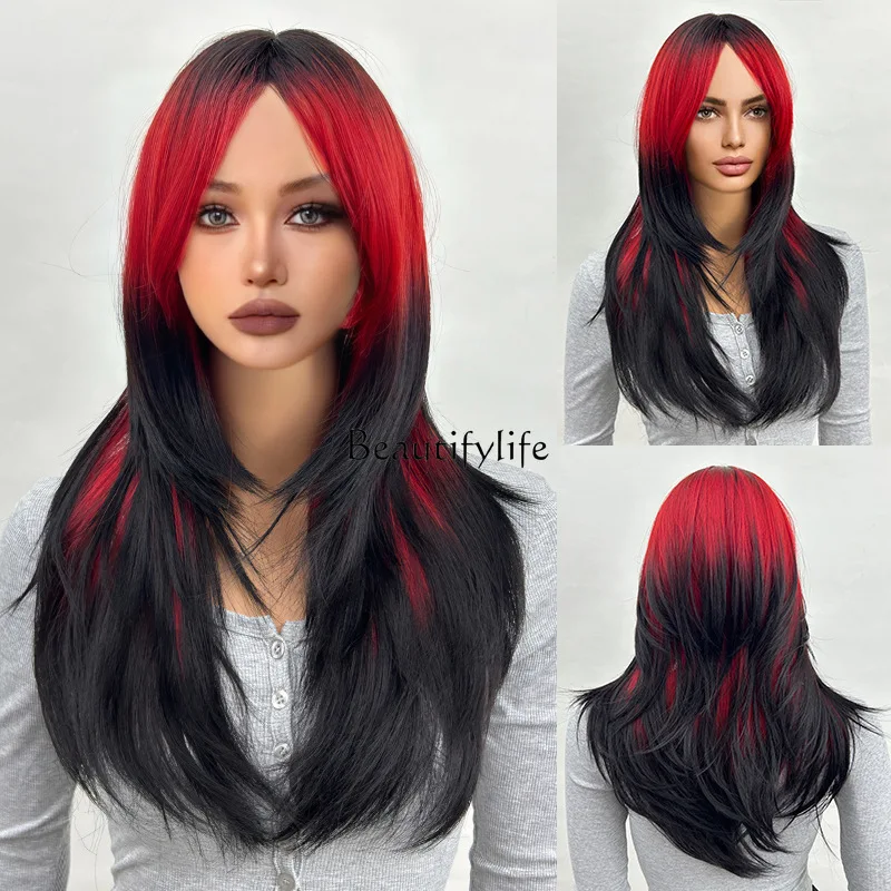 

Ladies Qi bangs black gradual change red long hair slightly curled natural layered chemical fiber headgear