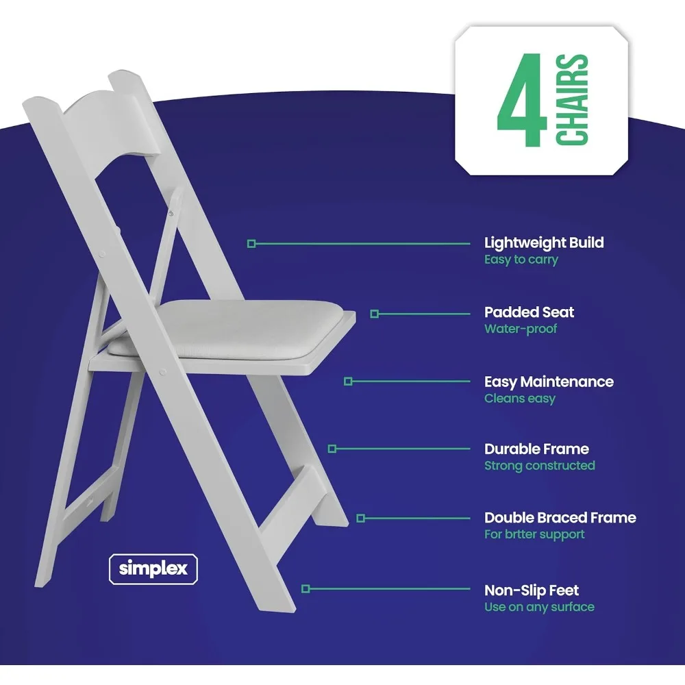 Resin Stackable Foldable Chairs with Padded Seats - Comfortable White Chairs for Indoor Use and Easy Storage