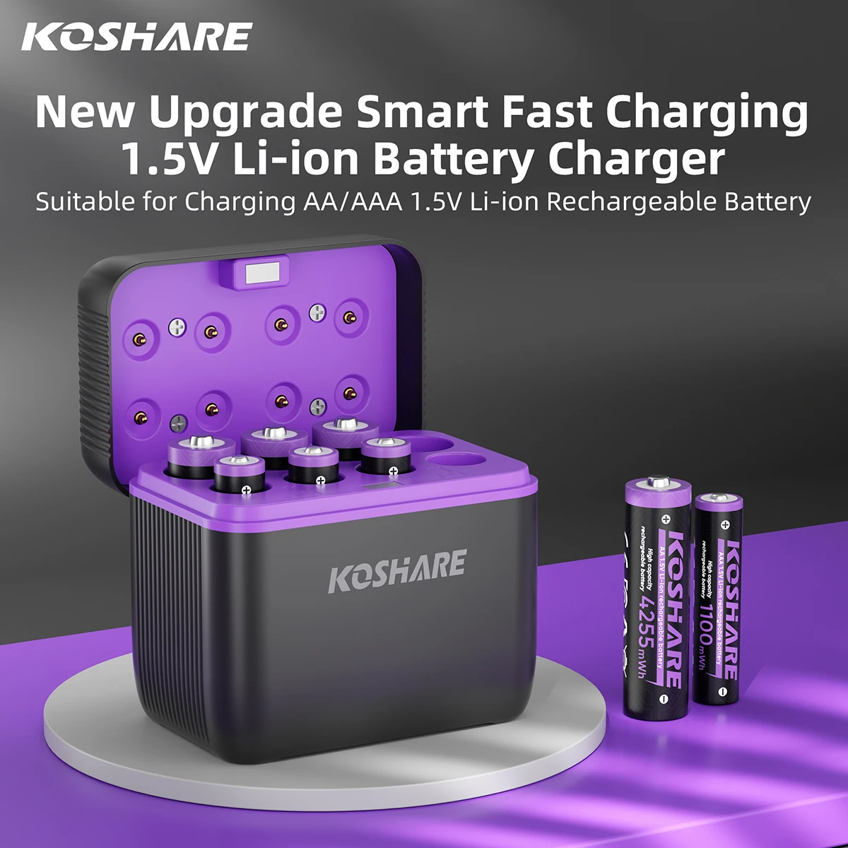 KOSHARE 1.5V AA 4255mWh AAA 1100mWh Rechargeable Lithium Battery Charger Set  With LED Indicator Arc-look Fast Charging Case