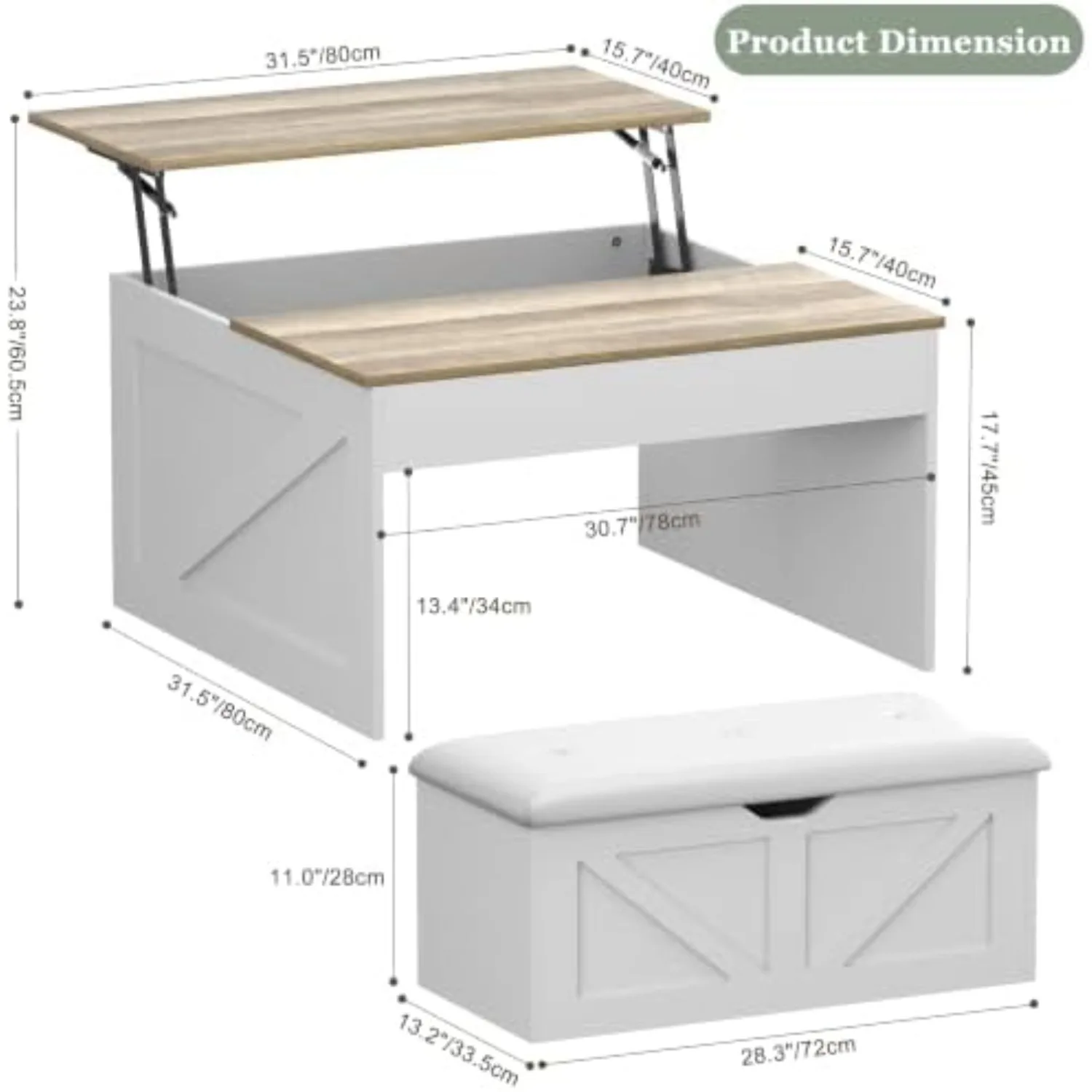 Lift Top Coffee Tables with Storage Hidden Compartment, 31.5 Farmhouse Coffee Tables with Bench, Center Table with