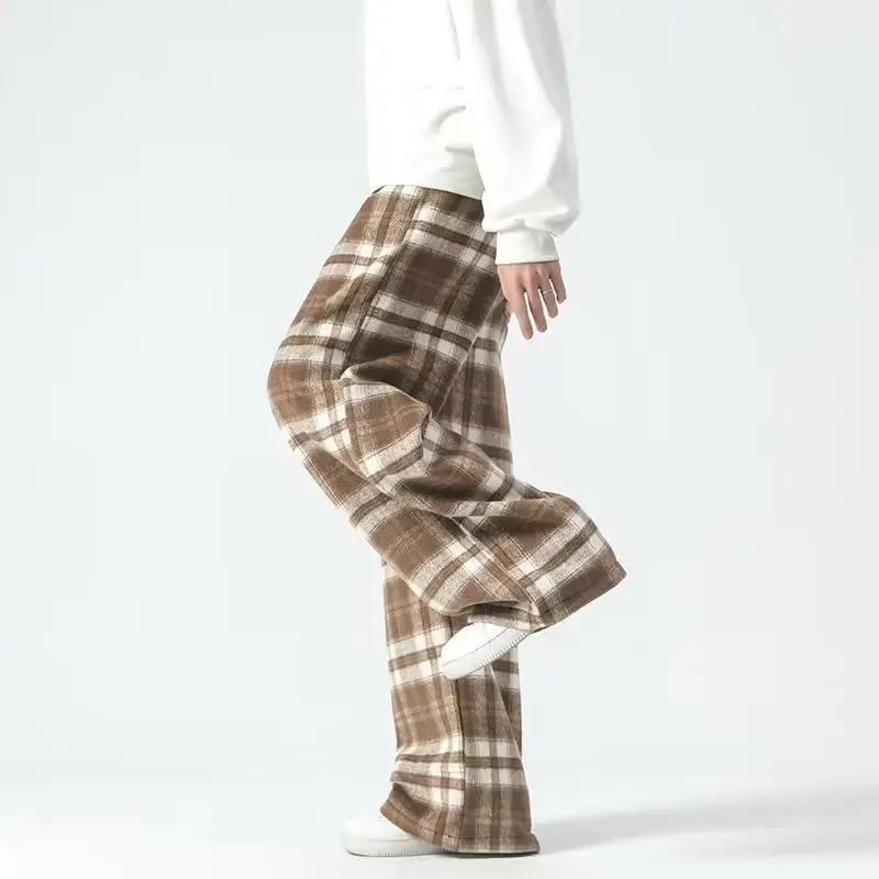 

Plaid High Waist Pants Men Women Loose Straight Leg Drape Floor Length Brushed Fleece Wide Leg Sweatpants Petite Autumn Winter