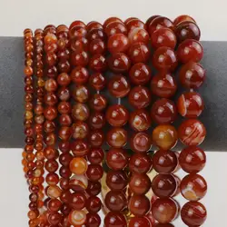 Natural Stone Red Round Stripe Banded Carnelian Losoe Beads For Jewelry Making Bracelet Necklace DIY Handmade Accessories 15''