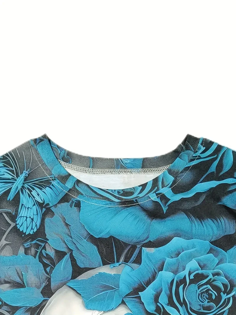 Damska koszulka plus size z pełnym nadrukiem 3D, okrągłym dekoltem i krótkimi rękawami, luźna i swobodna, miękka, wygodna i oddychająca.