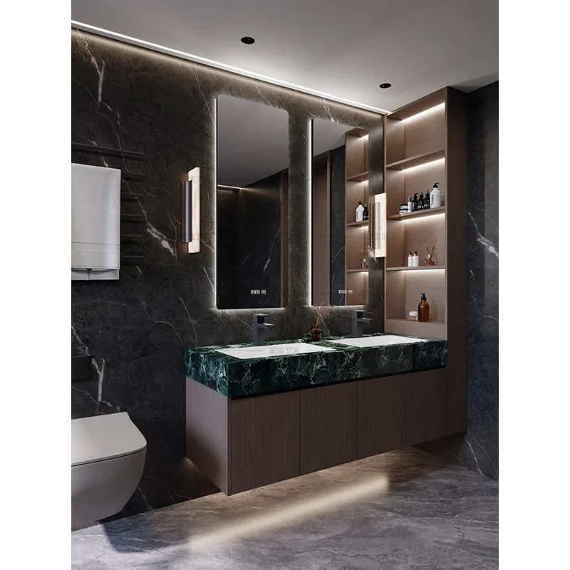 

Тумба для ванной из массива дерева, комбинация тумбы с раковиной из каменной плиты и умного зеркала.