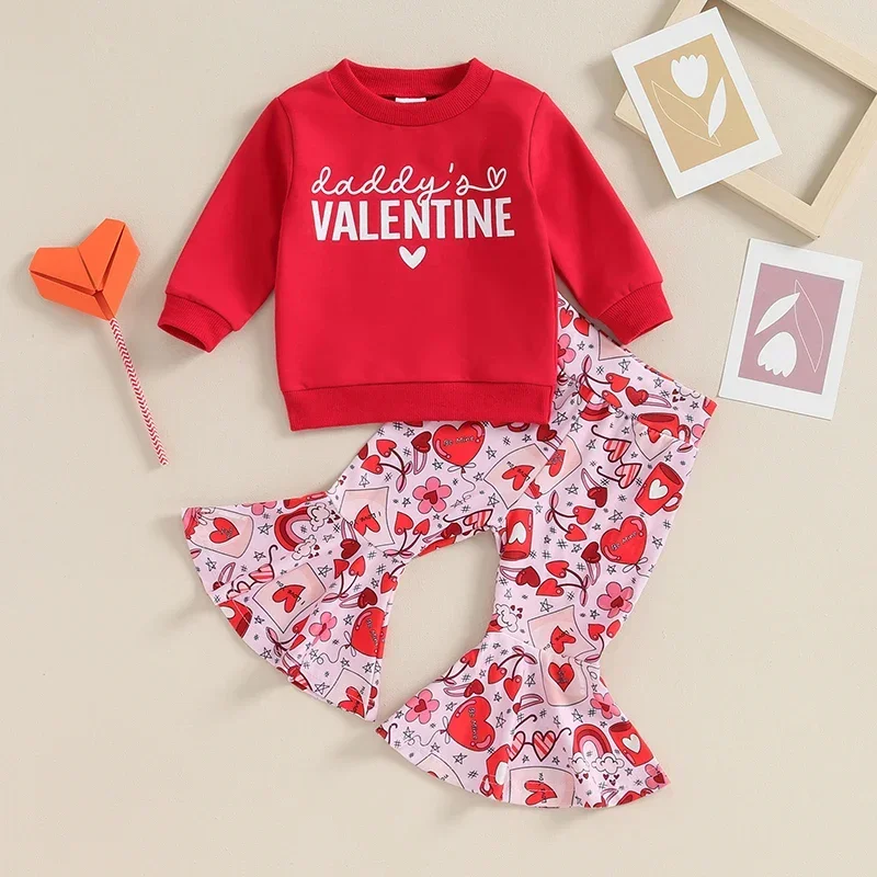 Baby Girl Valentines Day Outfits Letter Sweatshirt + Cartoon Flare Pants Set Newborn Clothes