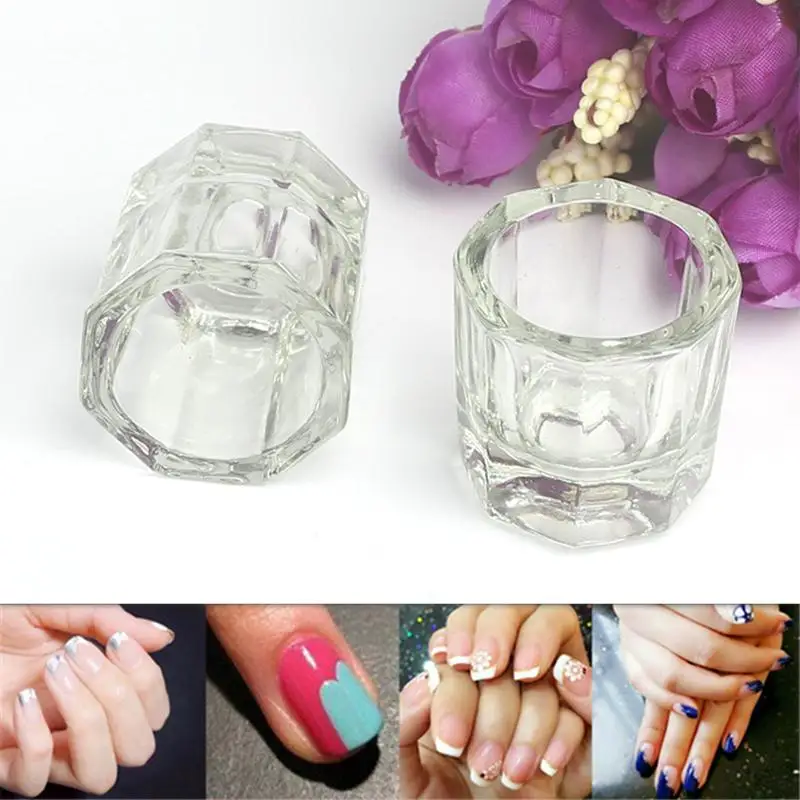 Achteckige Kristall Tasse Mini Kristall Glas Pulver Flüssigkeit Tasse Kein Deckel Glas Nagel Pulver Make-Up Pinsel Reinigung Schüssel Nail art Werkzeug