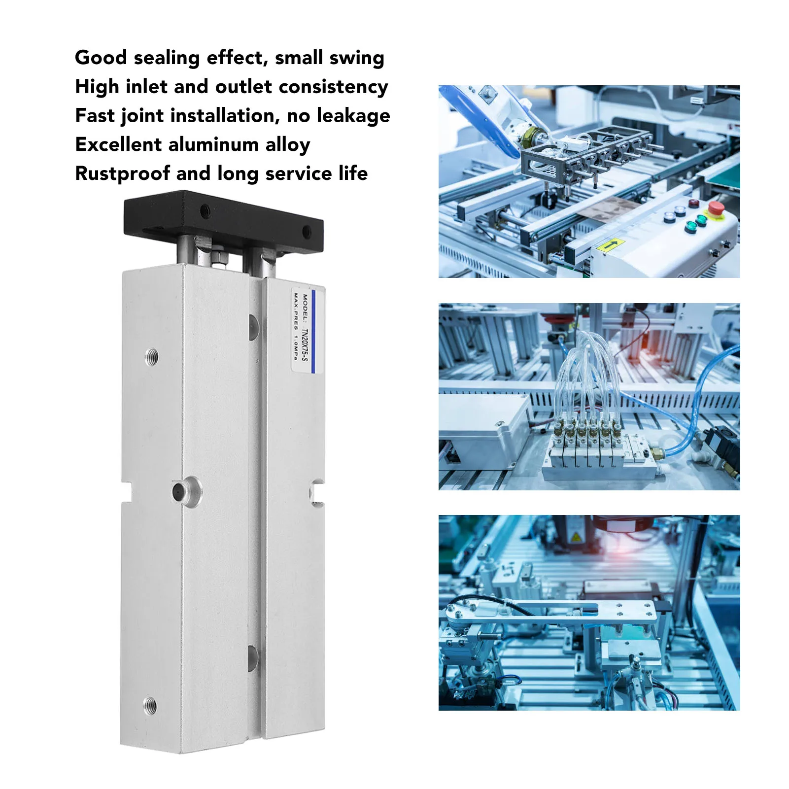 Aluminum Pneumatic Air Cylinder Double Rod Cylinder Pneumatic Air Double Acting Aluminum Alloy 20mm Bore 75mm Stroke