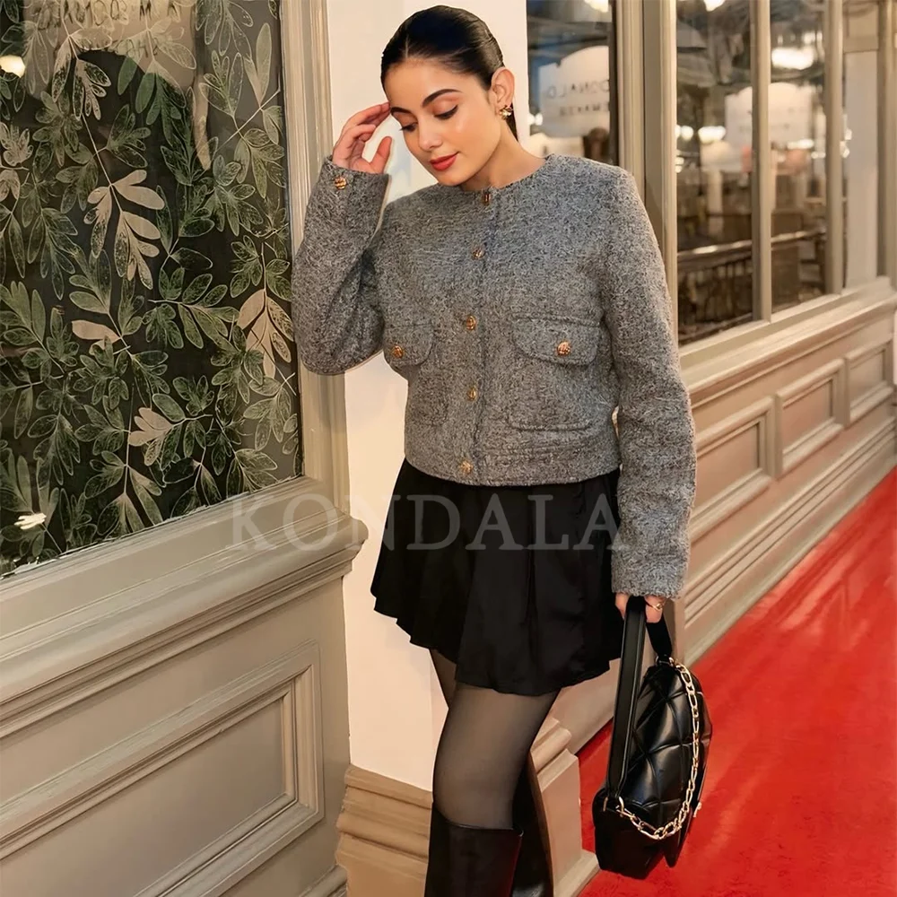 KONDALA 2026 Autumn Winter Versatile Minimalist Luxury Women Jackets Fashion Gray Office Lady Nightclub Date Ladies Jackets