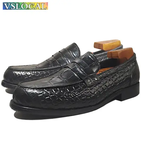 Luxury Brand Men Leather Shoes Black Slip On Croco Print Casual Mens Dress Shoes Wedding Office Banquet Loafers For Men